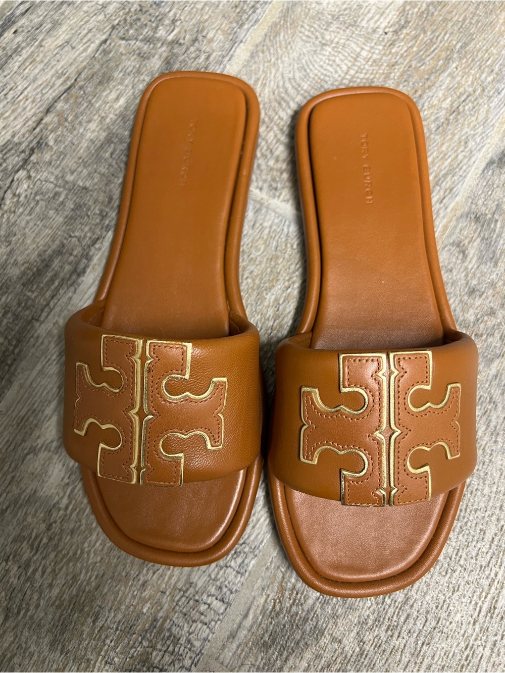 Tory Burch Tan Leather Logo Slide Sandals with Gold Trim
